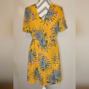Madewell V-Neck Ruffle Flutter Sleeve Floral Boho Mini Dress Yellow Blue Size 6